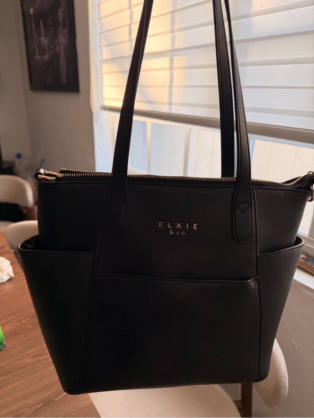 Black Leather Tote with Side Pockets